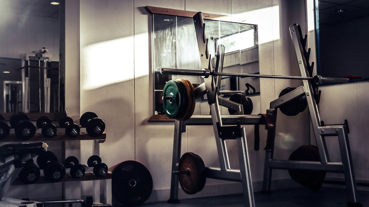 Barbell resting on a squat rack in a sunlit gym